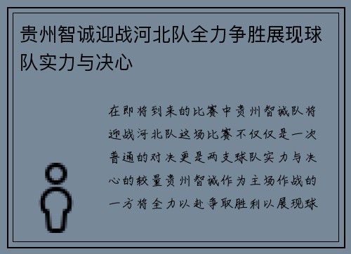贵州智诚迎战河北队全力争胜展现球队实力与决心